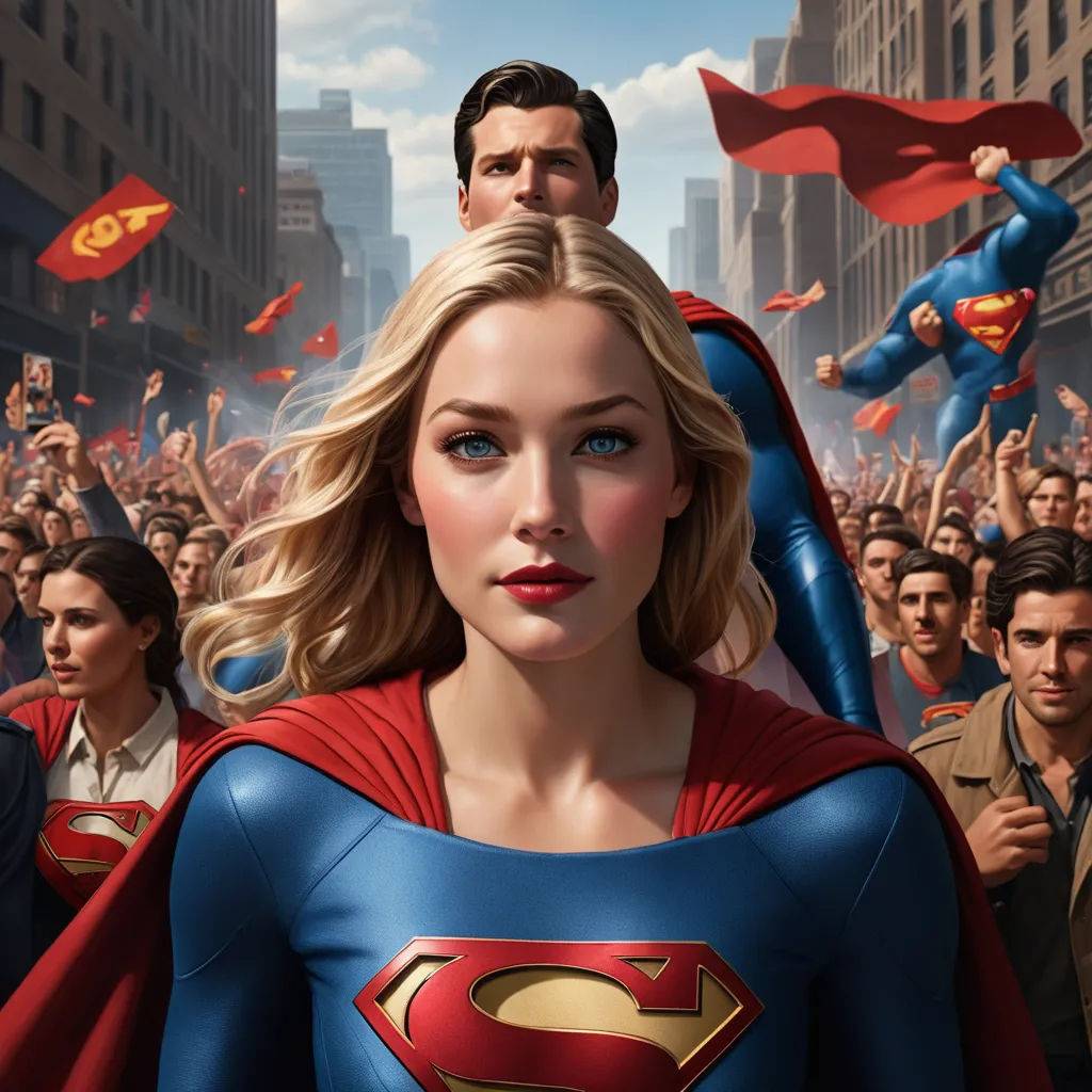 a woman in a superman suit standing in front of a crowd of people with a man on her shoulders, fantastic realism, poster art, Artgerm, stanley artgerm lau