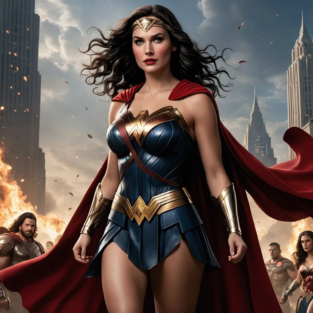 a woman dressed as wonder woman standing in front of a city skyline with fire and flames behind her and a man in the background, feminist art, a comic book panel, Annie Leibovitz, imax 70 mm footage