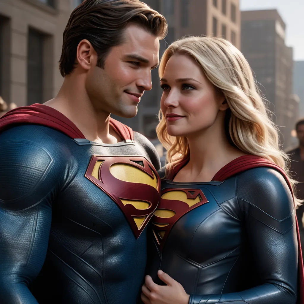a man and a woman dressed as superman and wonder woman standing in a city street together, with a man in a superman suit, superflat, a comic book panel, Altichiero, promotional image