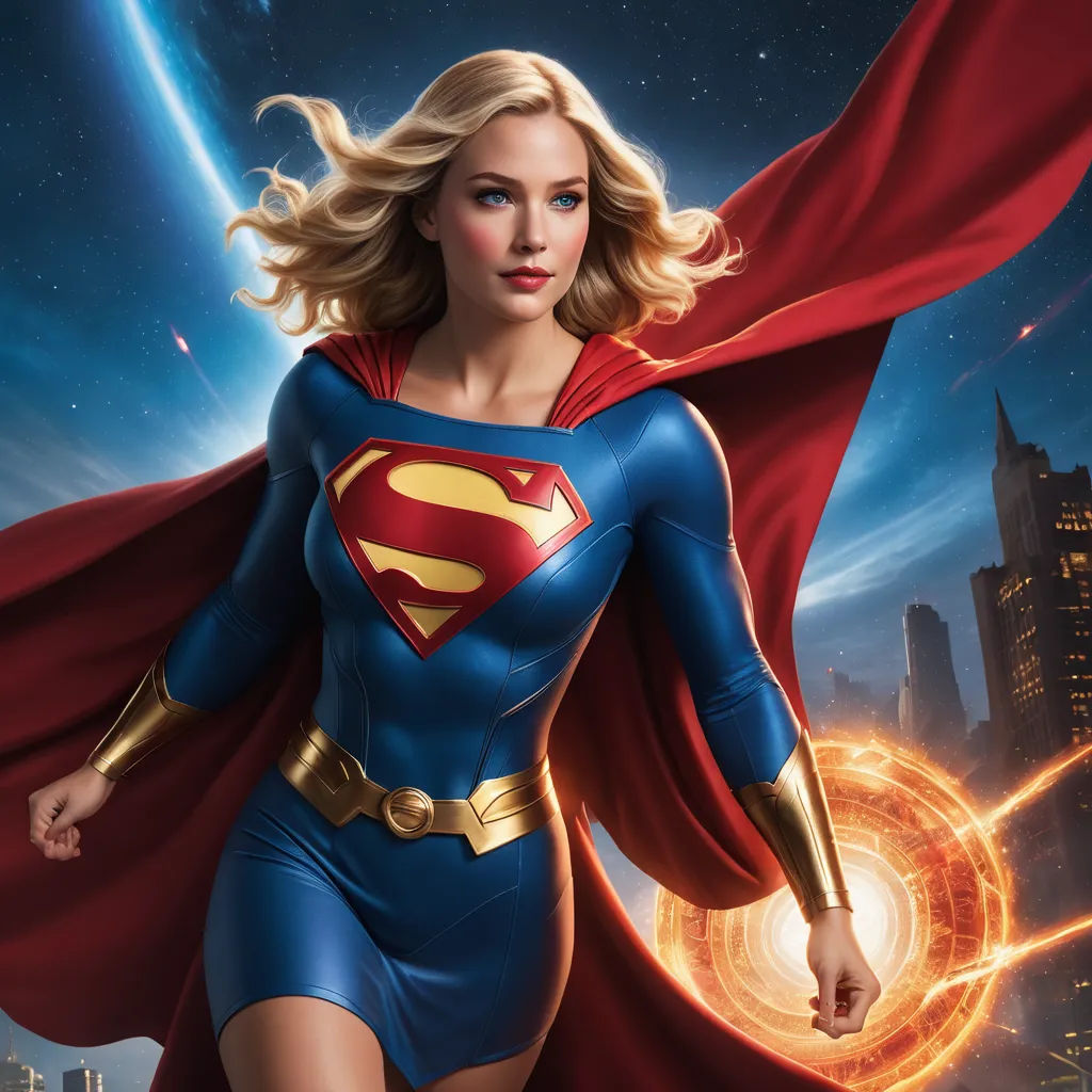 a woman in a superman suit is running through the city with a red cape on her shoulders and a blue dress on her shoulders, superflat, poster art, Artgerm, promotional image