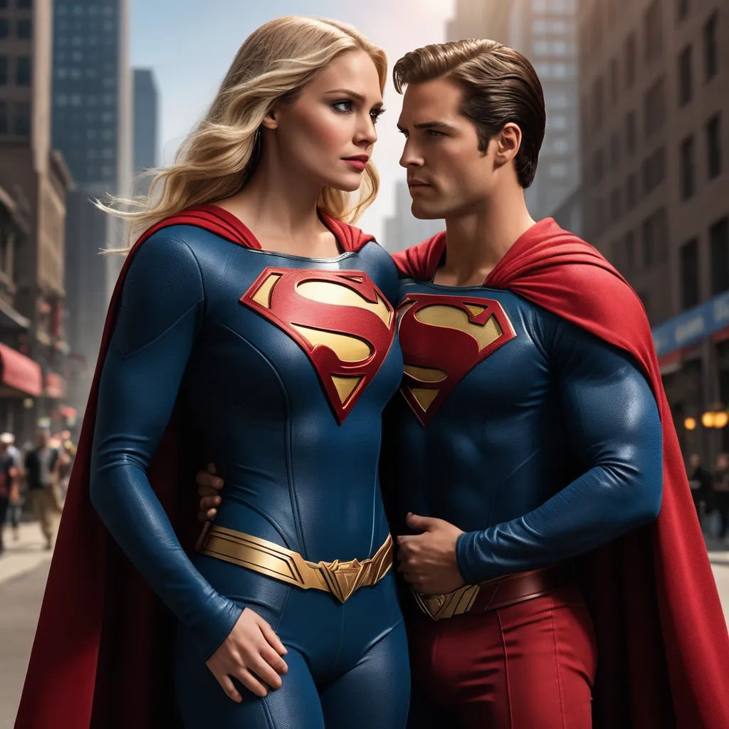 a man and a woman dressed as superman and wonder woman standing in the street together, with a city in the background, superflat, a poster, Everett Warner, promotional image