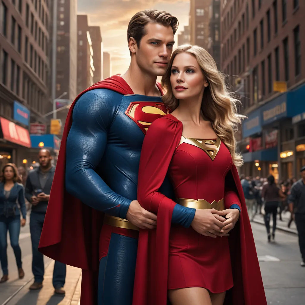 a man and woman dressed as superman and wonder woman standing in the street with a crowd of people behind them, superflat, a poster, Everett Warner, promotional image