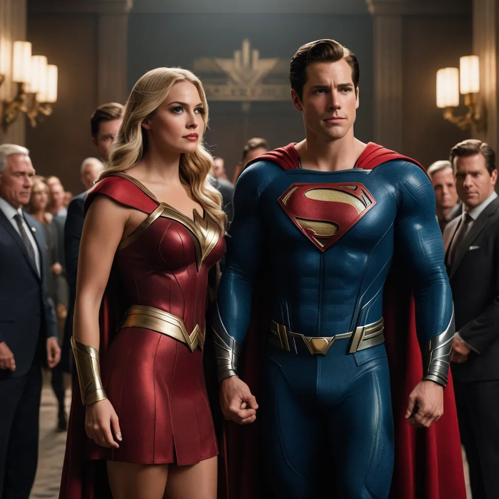 a man and a woman dressed as superman and wonder woman standing in a lobby with other people in suits, superflat, a comic book panel, Everett Warner, promotional image
