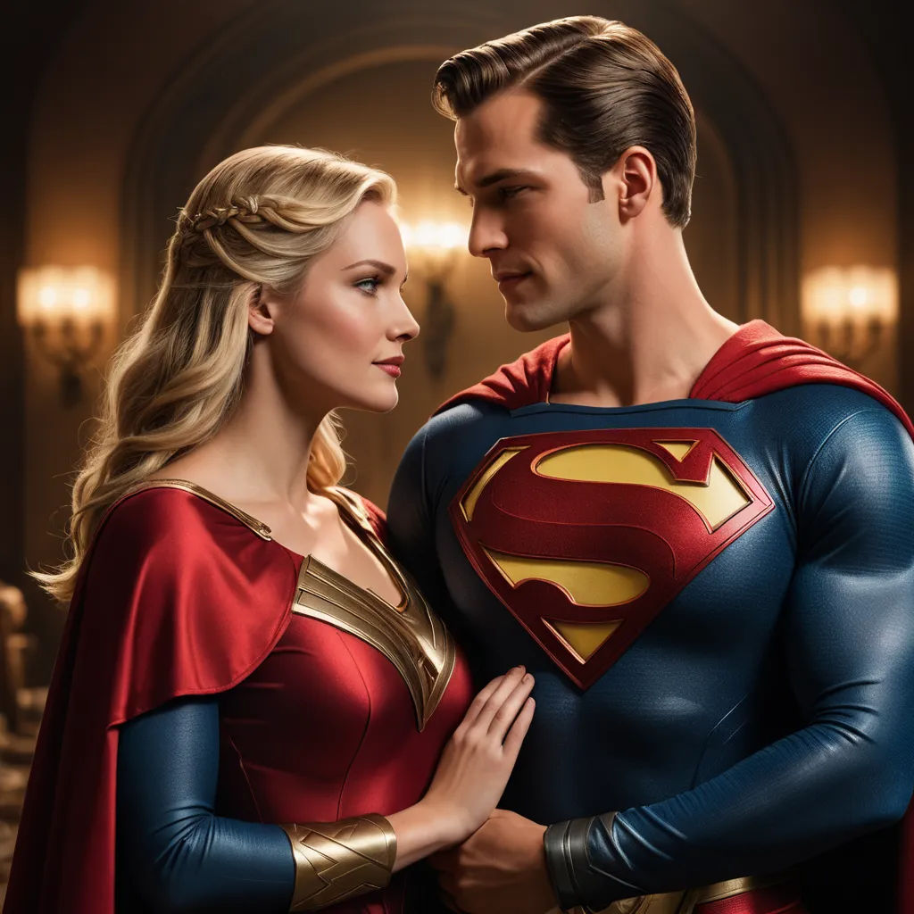 a man and a woman dressed as superman and wonder wonder woman standing together in a room with chandeliers, superflat, a poster, Everett Warner, promotional image