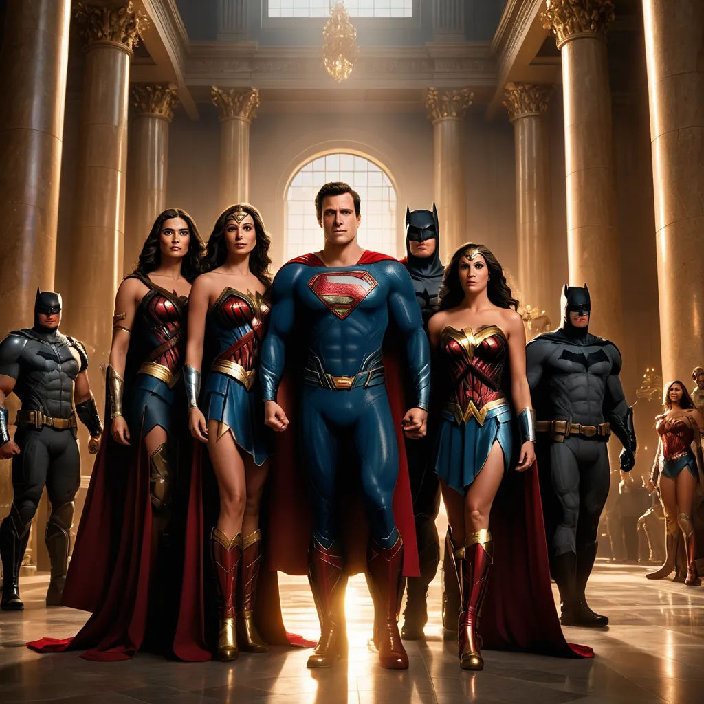 a group of people dressed up as superman and wonder woman in a hall of columns with columns in the background, assemblage, a poster, Altichiero, imax 70 mm footage