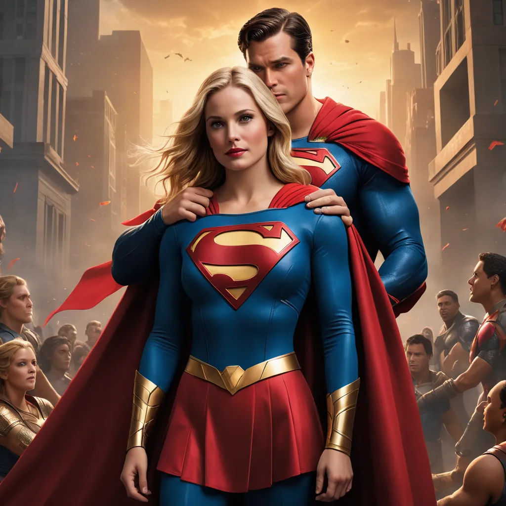 a man and a woman dressed as superman and wonder woman in a city scene with a crowd of people, superflat, poster art, Artgerm, key art