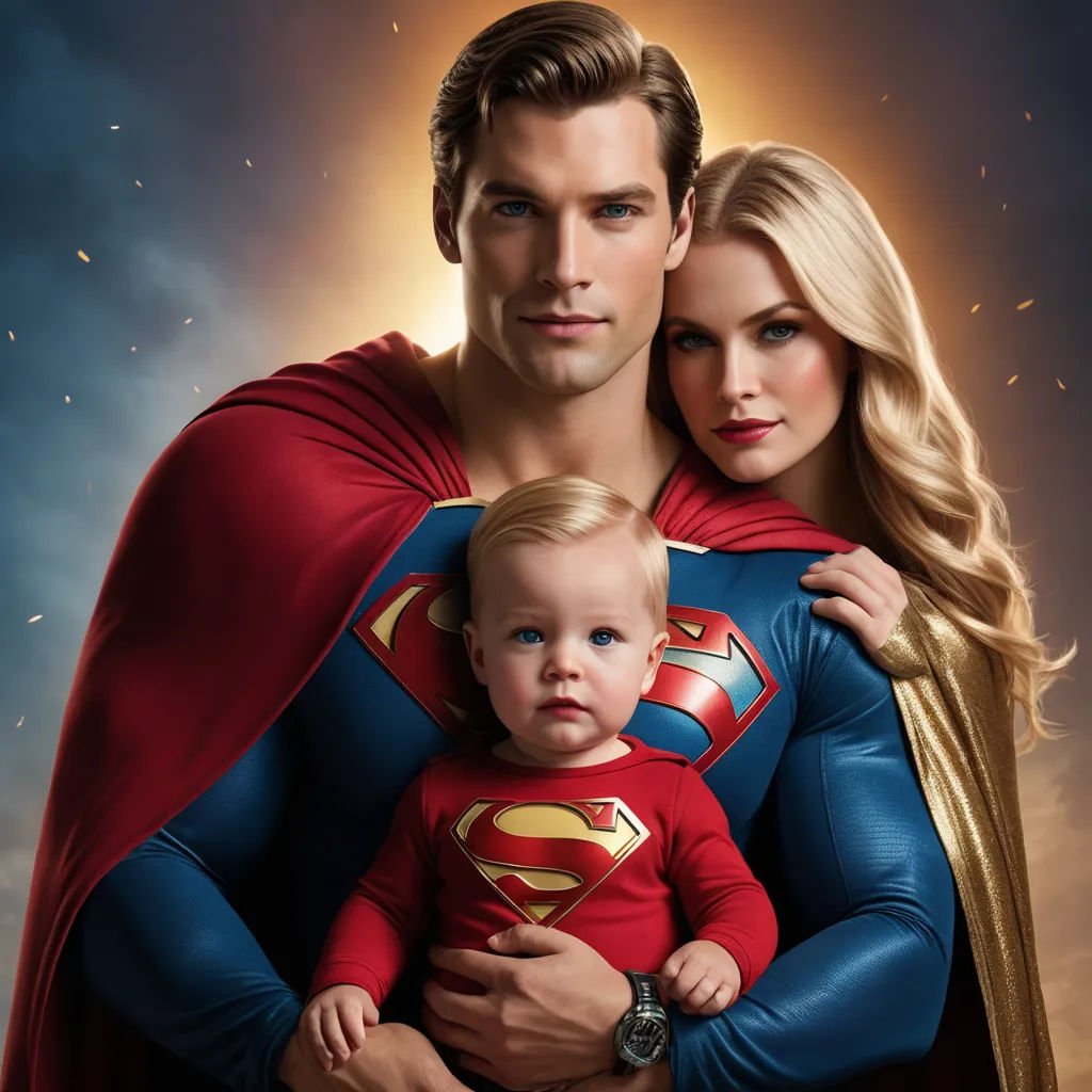 a man and woman pose with a baby dressed as superman and a baby dressed as superman in a photo, hyperrealism, a hyperrealistic painting, Chris LaBrooy, promotional image