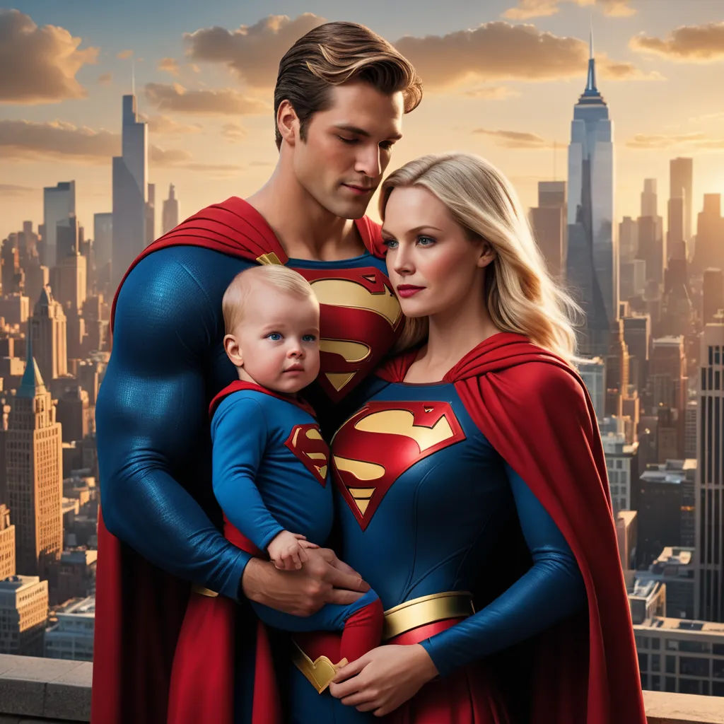 a man and woman dressed as superman and a baby in front of a city skyline with skyscrapers and clouds, superflat, a comic book panel, Altichiero, promotional image