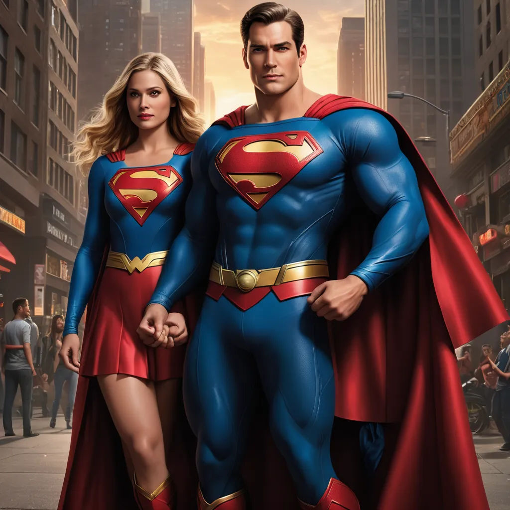 a man and a woman dressed as superman and wonder woman standing in a city street with a backdrop of skyscrapers, superflat, a poster, Artgerm, promotional image