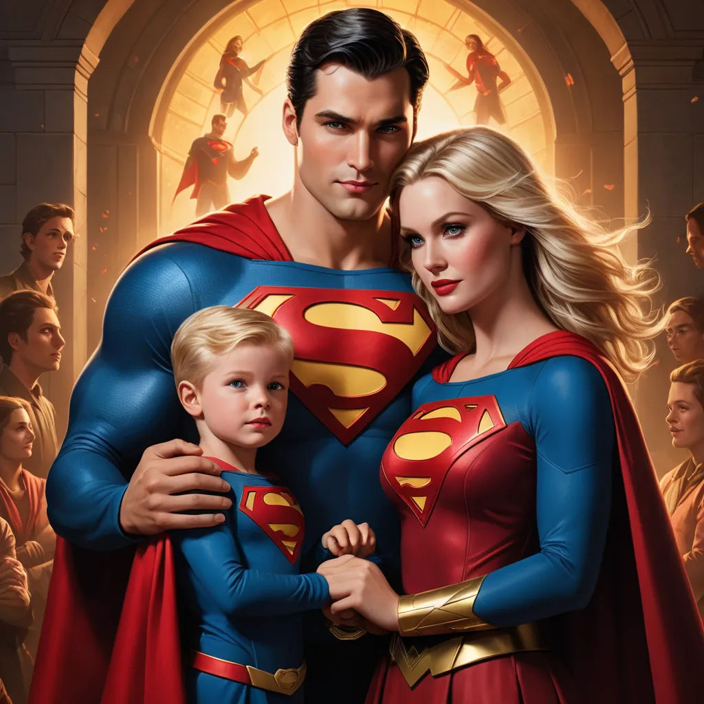 a man and woman in superman costumes with a child in front of them, with a crowd of people behind them, superflat, a hyperrealistic painting, F Scott Hess, official art