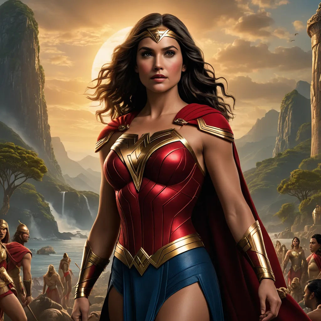 a woman in a wonder costume standing in front of a group of people in a jungle setting with a waterfall, feminist art, poster art, Artgerm, official art
