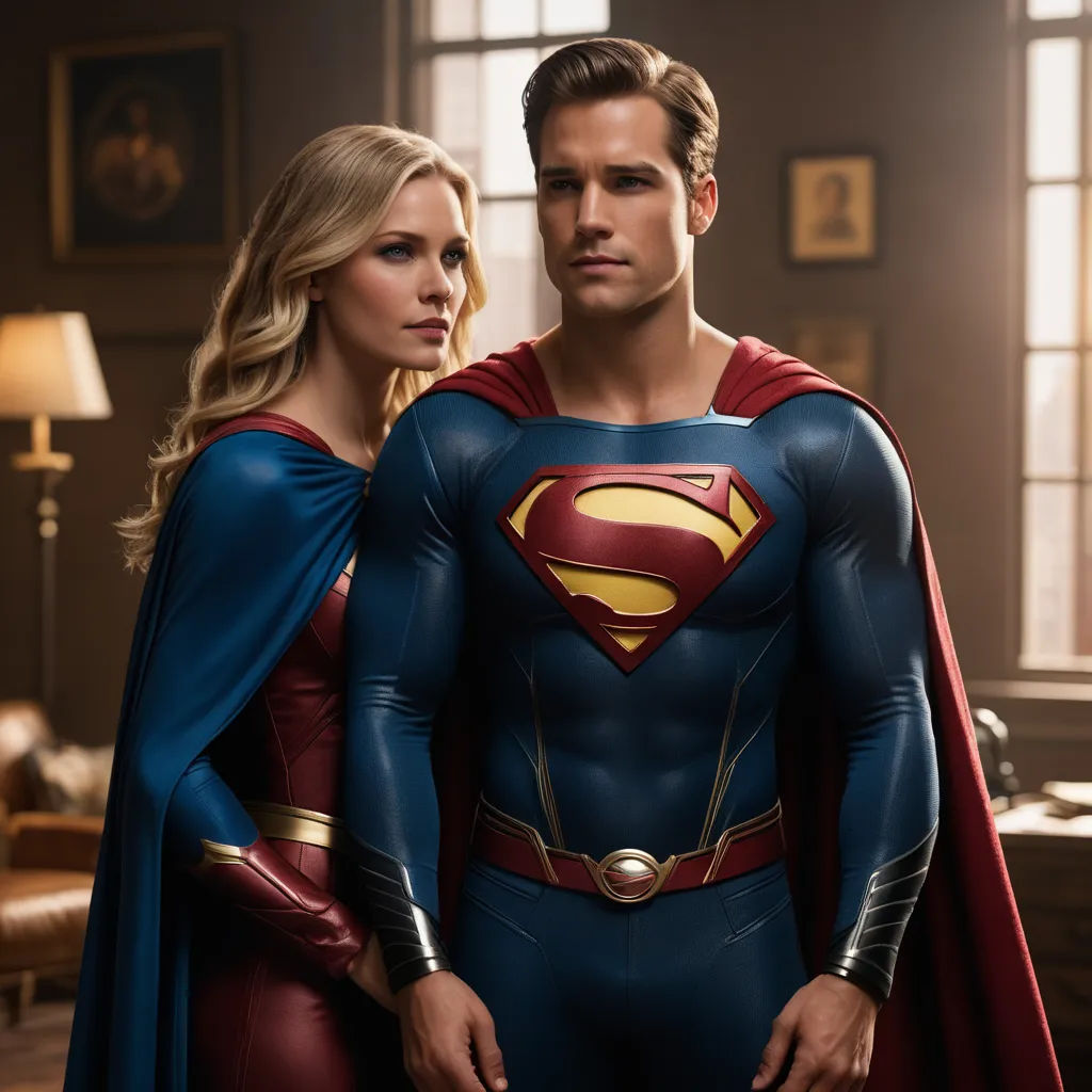 a man and a woman dressed as superman and wonder woman in a living room with a lamp on the side, superflat, a poster, Everett Warner, promotional image
