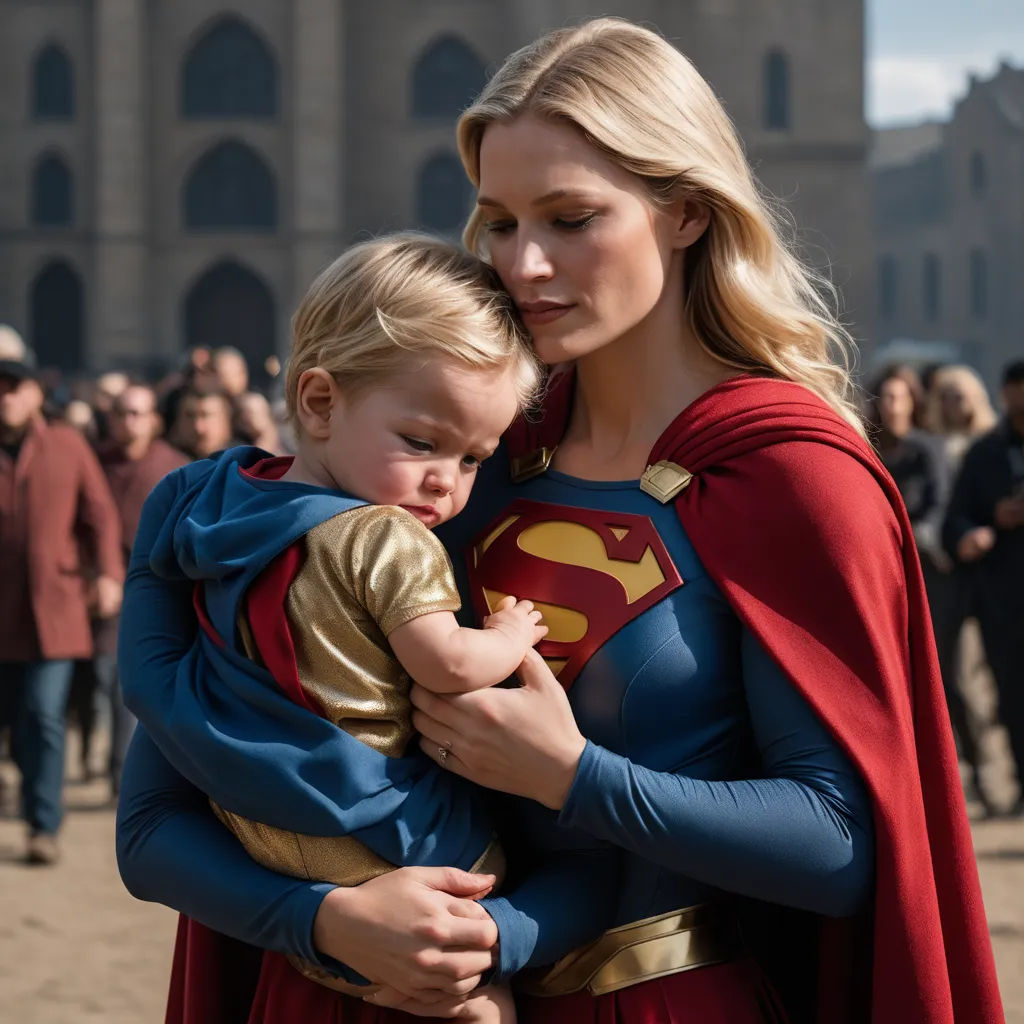 a woman holding a baby in a superman costume and a red cape on her shoulders and a man in a blue shirt and red cape, superflat, a renaissance painting, Altichiero, promotional image