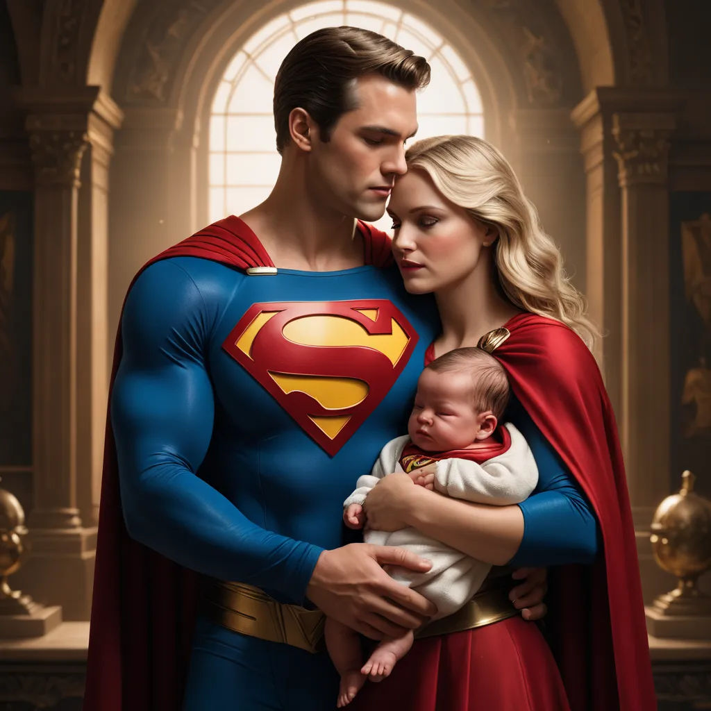 a man and woman dressed as superman and a baby in a room with a window and a statue of a man holding a baby, hyperrealism, a hyperrealistic painting, Chris LaBrooy, promotional image