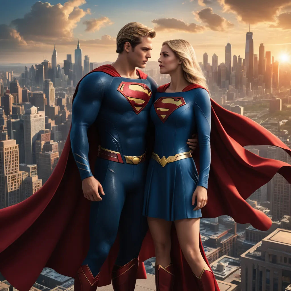 a man and a woman dressed as superman and wonder woman standing in front of a city skyline with the sun setting, superflat, poster art, Chris LaBrooy, promotional image