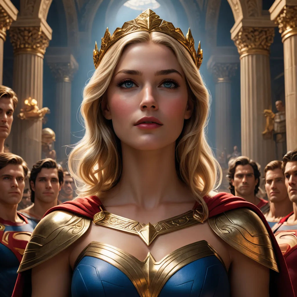 a woman in a crown and a group of men in a church with columns and columns behind her, all dressed in gold and blue, renaissance, a comic book panel, Artgerm, stanley artgerm lau