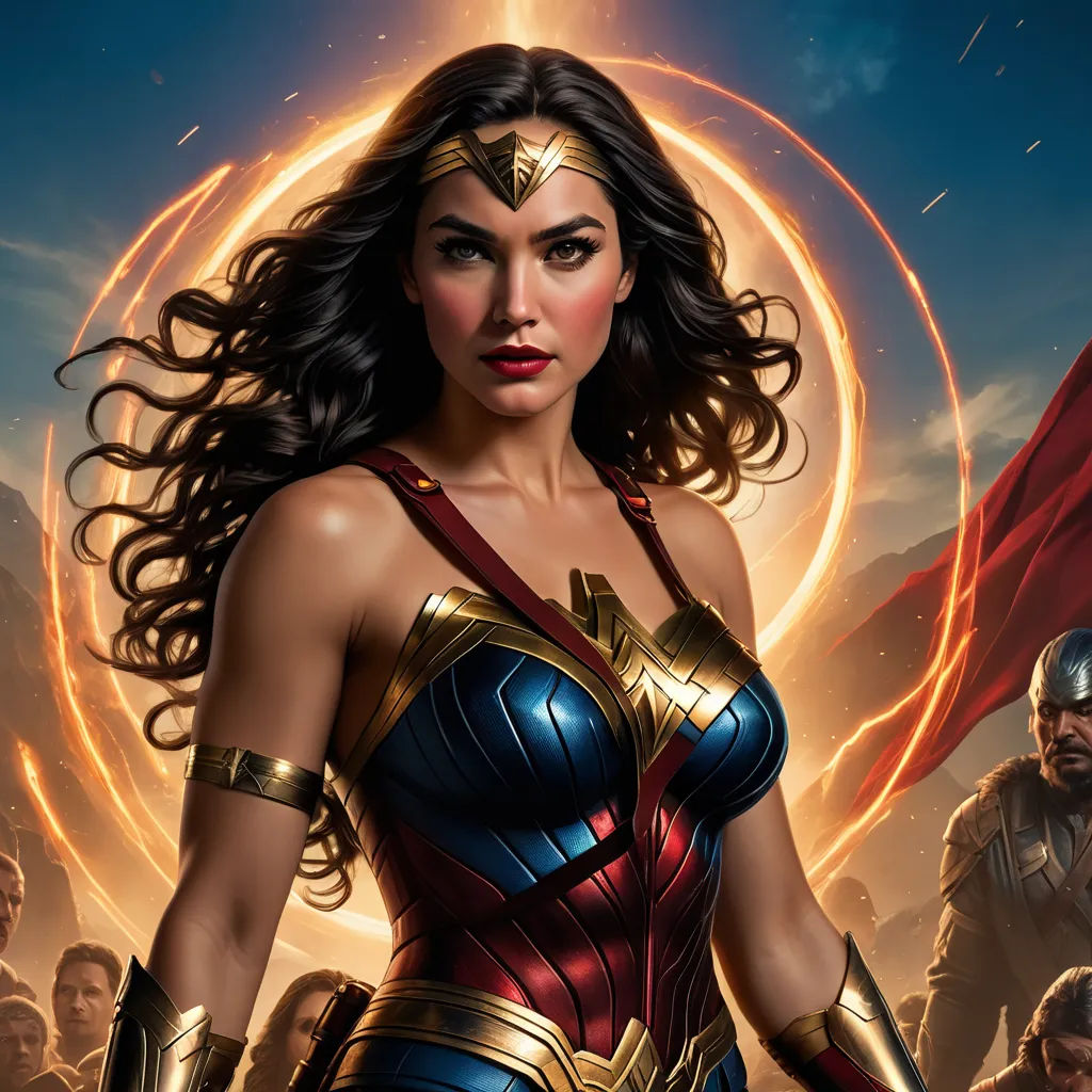 a woman in a wonder wonder costume standing in front of a group of people with a circle of fire behind her, feminist art, poster art, Artgerm, comic book