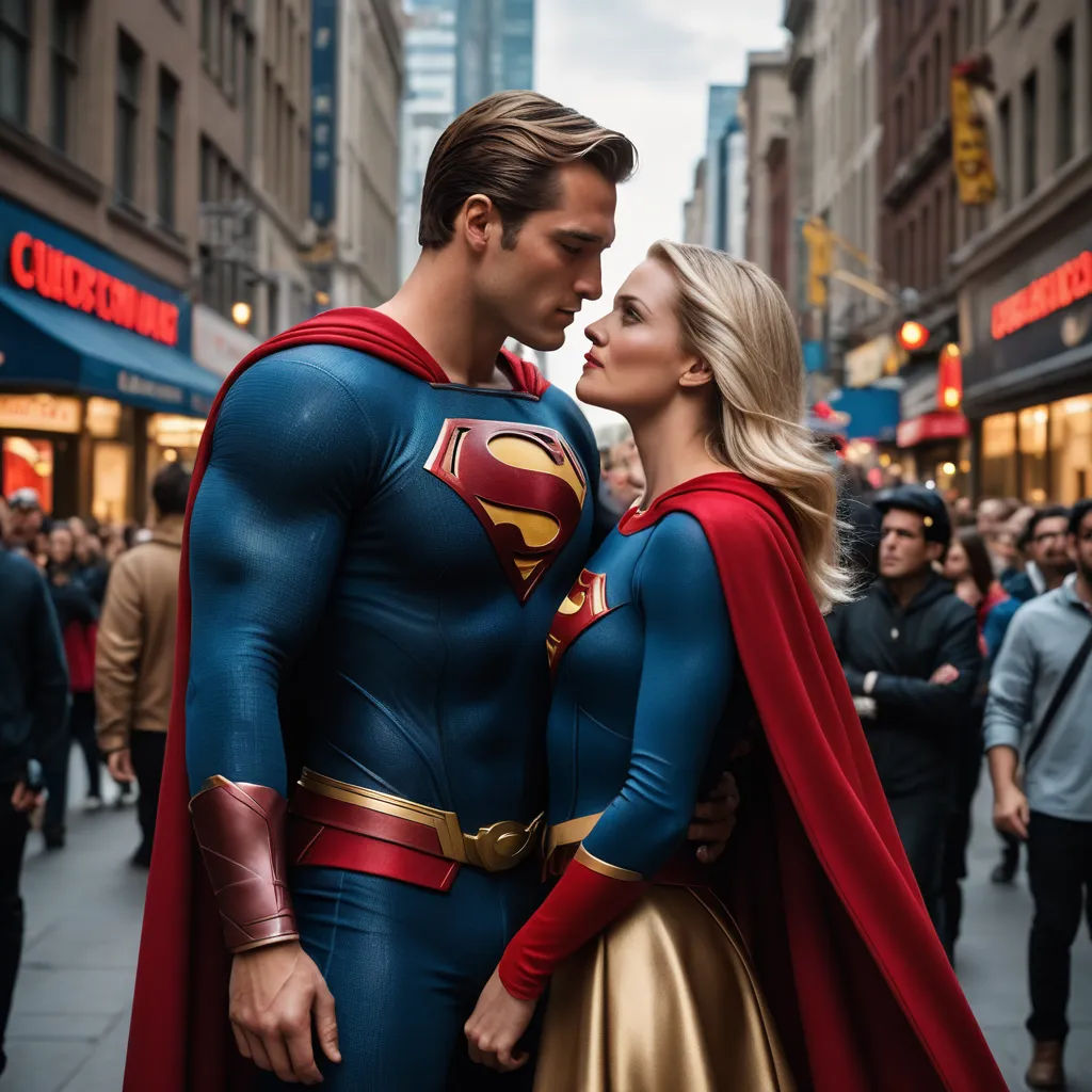 a man and woman dressed as superman and wonder wonder woman kissing on the street in a city street with people walking around, superflat, a comic book panel, Altichiero, promotional image