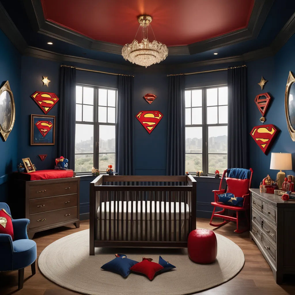 a baby's room with superman decorations and a crib in the corner of the room, and a chandelier hanging from the ceiling, neoclassicism, a matte painting, Everett Warner, dream