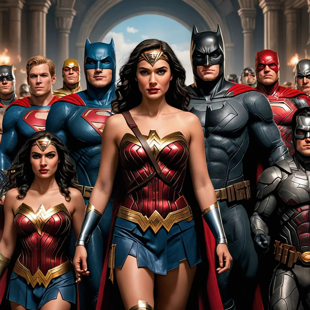 a group of people dressed up as superheros and wonder women in a city street with a archway in the background, renaissance, poster art, Altichiero, imax 70 mm footage