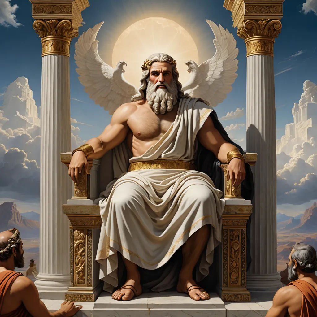 a painting of a man sitting on a throne with wings on his head and a halo above his head, neoclassicism, a detailed painting, Christophe Vacher, highly detailed digital painting