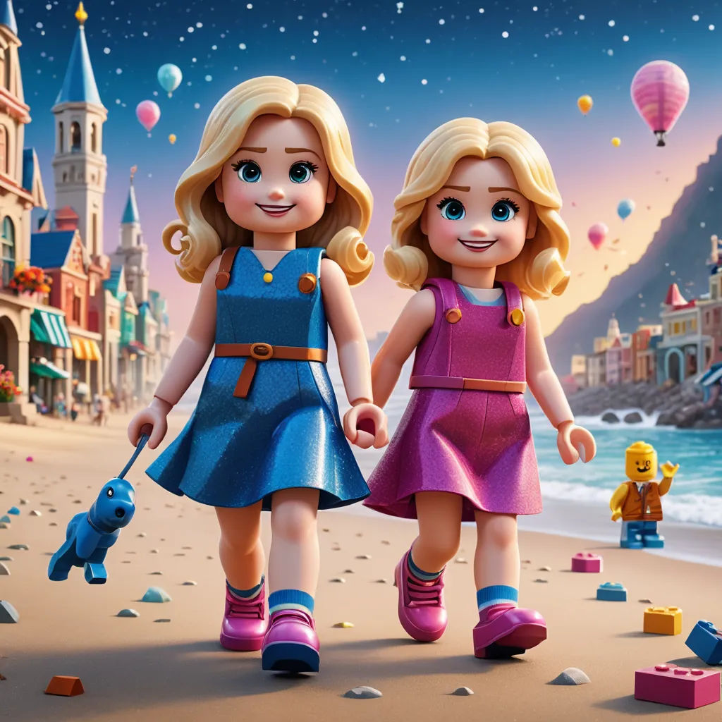 a couple of girls walking down a beach next to a castle and a beach with a dog on it, sots art, poster art, disney, key art