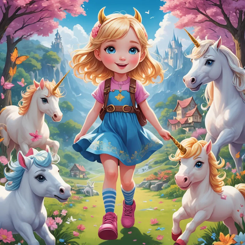 a girl in a blue dress is surrounded by unicorns in a forest with a castle in the background, fantasy art, a storybook illustration, Alice Prin, rossdraws global illumination