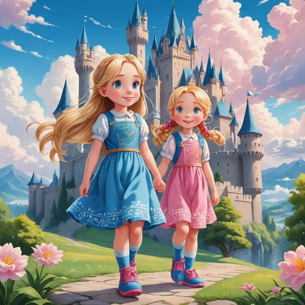 a couple of girls standing in front of a castle with a castle in the background and flowers in the foreground, fantasy art, a storybook illustration, Brothers Hildebrandt, rossdraws global illumination