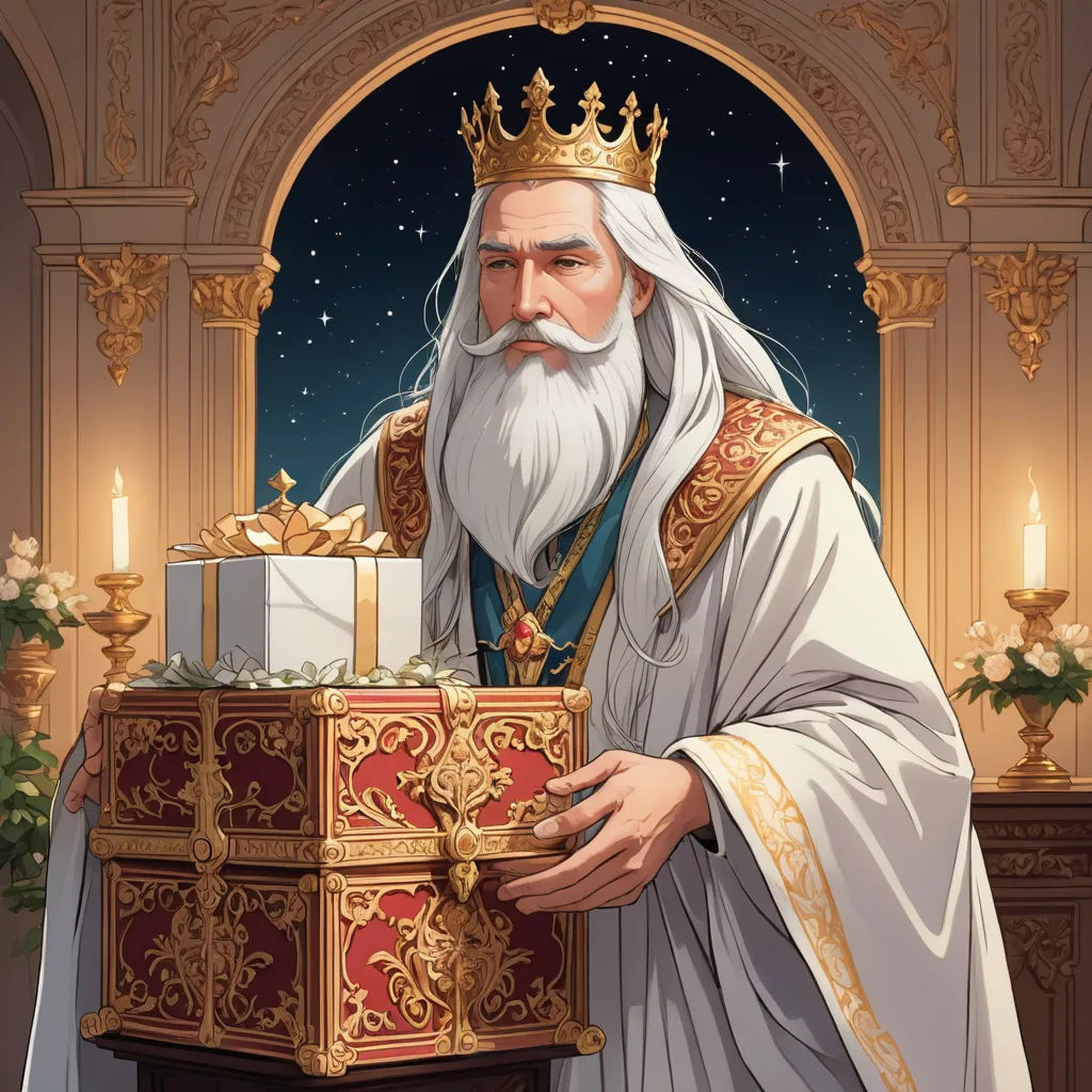 a man with a beard and a crown holding a box with a gift inside of it in a room, fantasy art, a storybook illustration, Ernest William Christmas, rossdraws global illumination