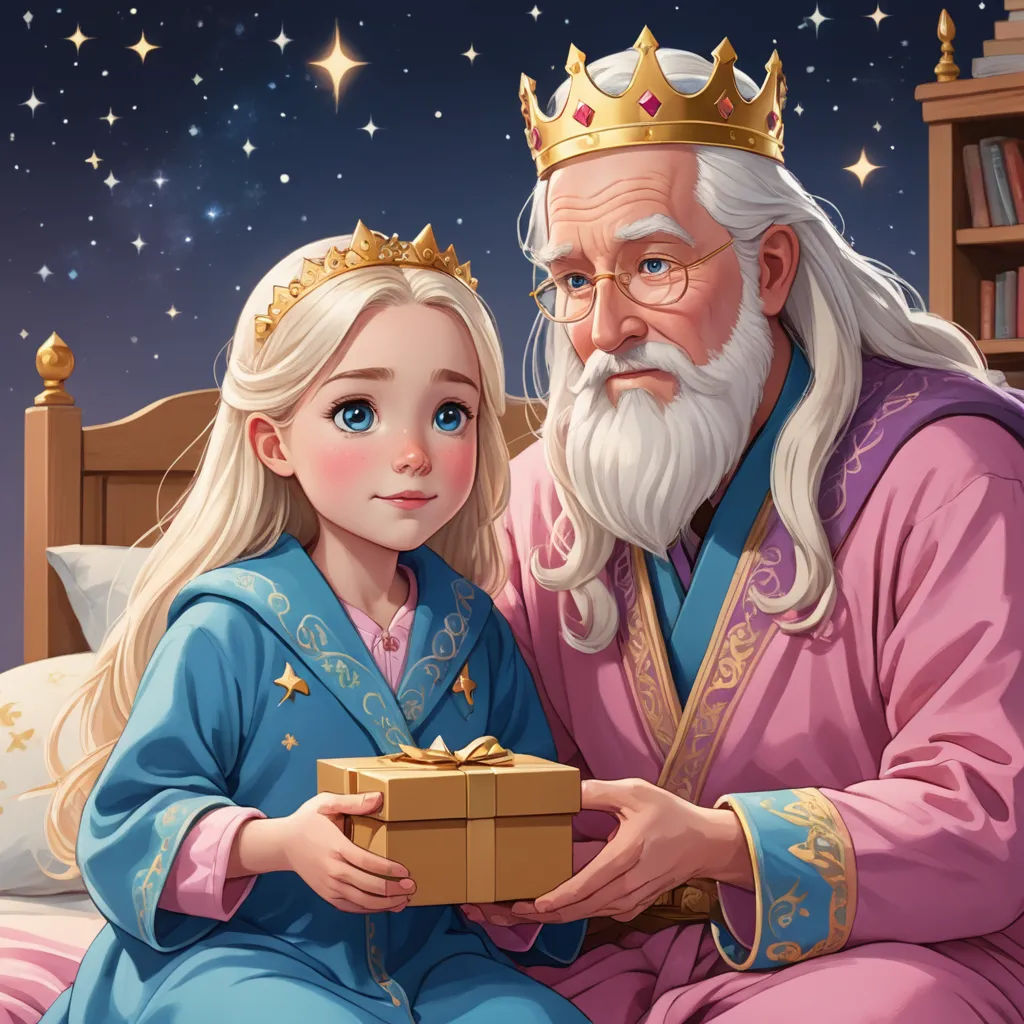 a painting of a man and a little girl sitting on a bed with a gift in hand and a star in the background, fantasy art, a storybook illustration, Cliff Childs, storybook illustration