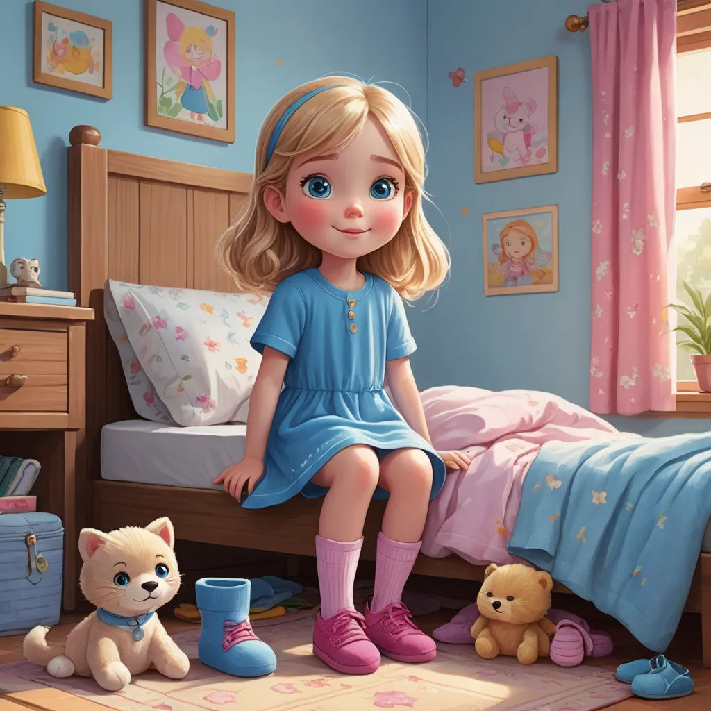 a painting of a girl sitting on a bed with her toys and a cat nearby on the floor of a bedroom, photorealism, a storybook illustration, Caroline Lucy Scott, storybook illustration