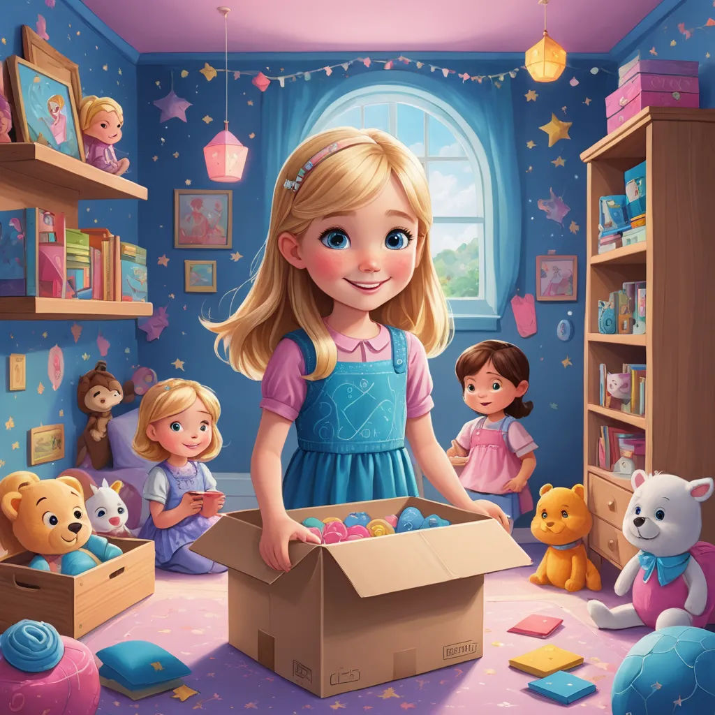 a girl in a room with toys and a teddy bear in it and a box of toys in front of her, lyco art, a storybook illustration, artist, storybook illustration
