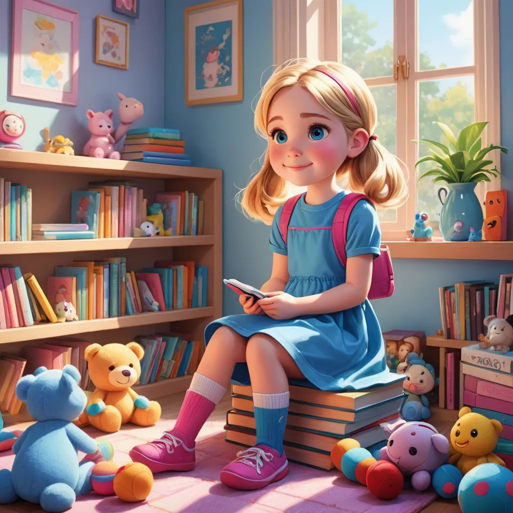 a little girl sitting on a pile of books in a room with stuffed animals and bookshelves on the floor, photorealism, a storybook illustration, Chris LaBrooy, rossdraws global illumination