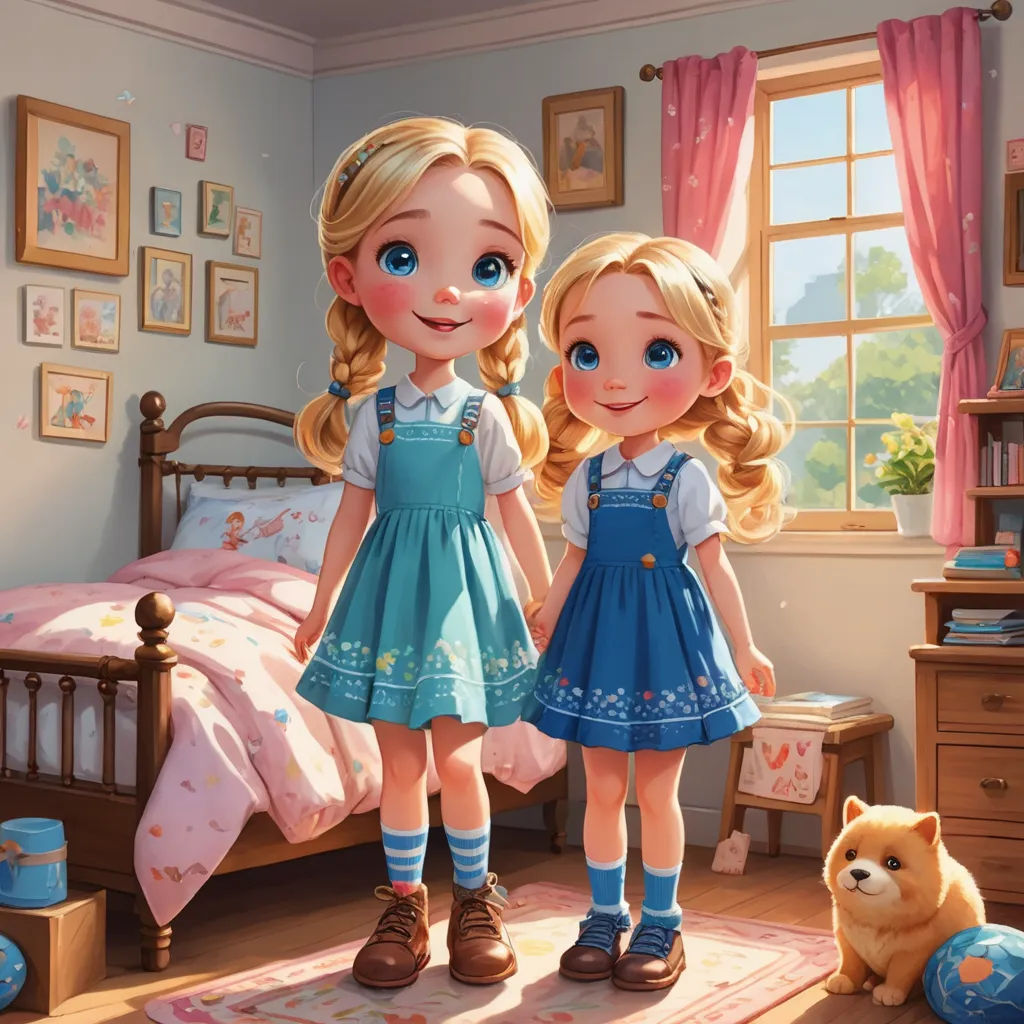 a couple of girls standing next to each other in a bedroom next to a dog and a bed with pink curtains, american scene painting, a storybook illustration, disney, rossdraws global illumination