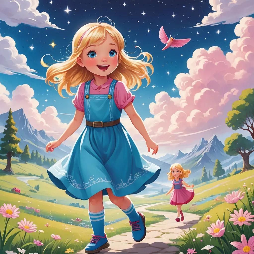 a girl in a blue dress is walking with a little girl in a pink dress and a pink butterfly is flying in the sky, fantasy art, a storybook illustration, Alice Prin, storybook illustration