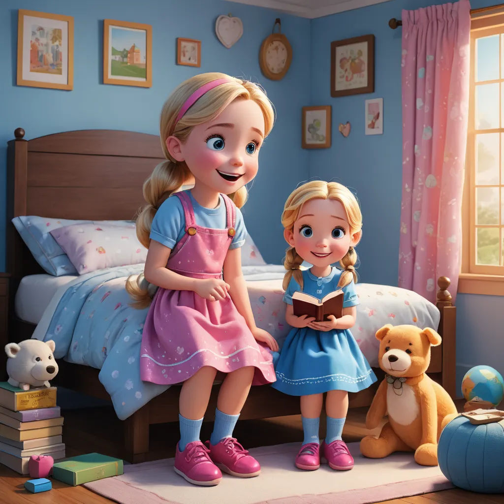 a cartoon girl and a girl reading a book in a bedroom with teddy bears and a teddy bear on the floor, photorealism, a storybook illustration, disney, pixar and disney animation