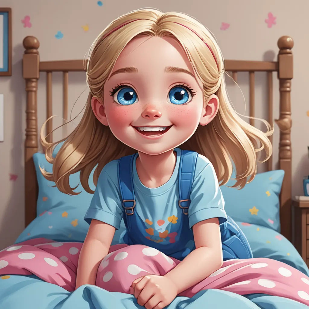 a cartoon girl sitting on a bed with a blue shirt and pink polka dot pants and a pink polka dot pillow, photorealism, a character portrait, Alejandro Burdisio, trending on art station