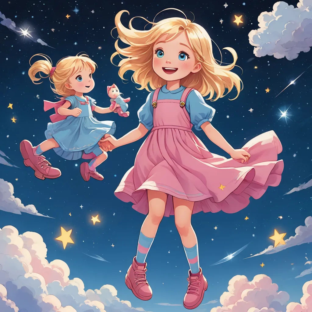 a girl and a girl flying in the sky with stars and clouds behind them, and a girl holding a doll, space art, a storybook illustration, Cliff Childs, trending on art station