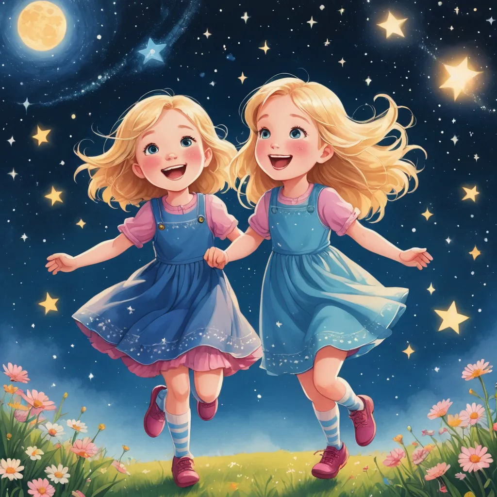 two little girls are walking in the grass under the stars and the moon illustration by alex macinnis, space art, a storybook illustration, Diego Gisbert Llorens, stars