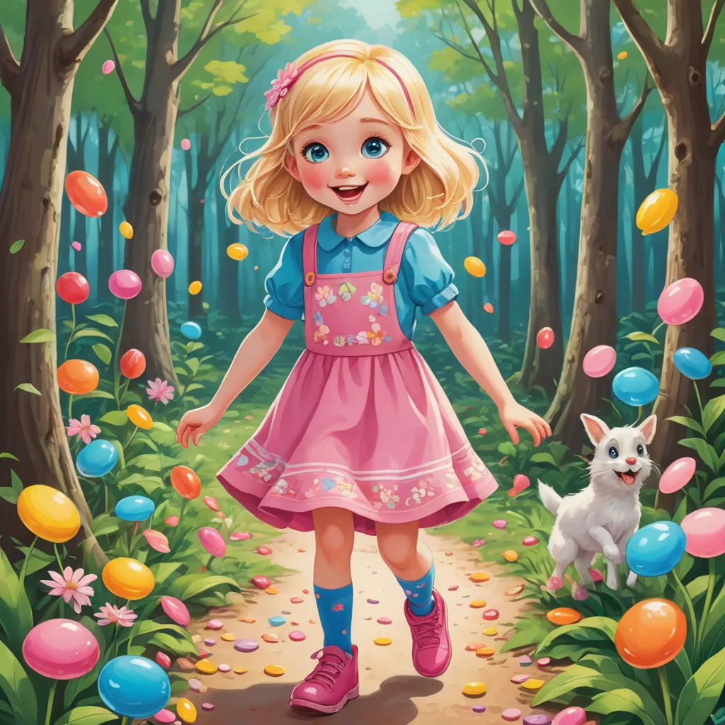 a girl in a pink dress is walking through a forest with balloons and a dog on the ground next to her, naive art, a storybook illustration, Alice Prin, highly detailed digital painting