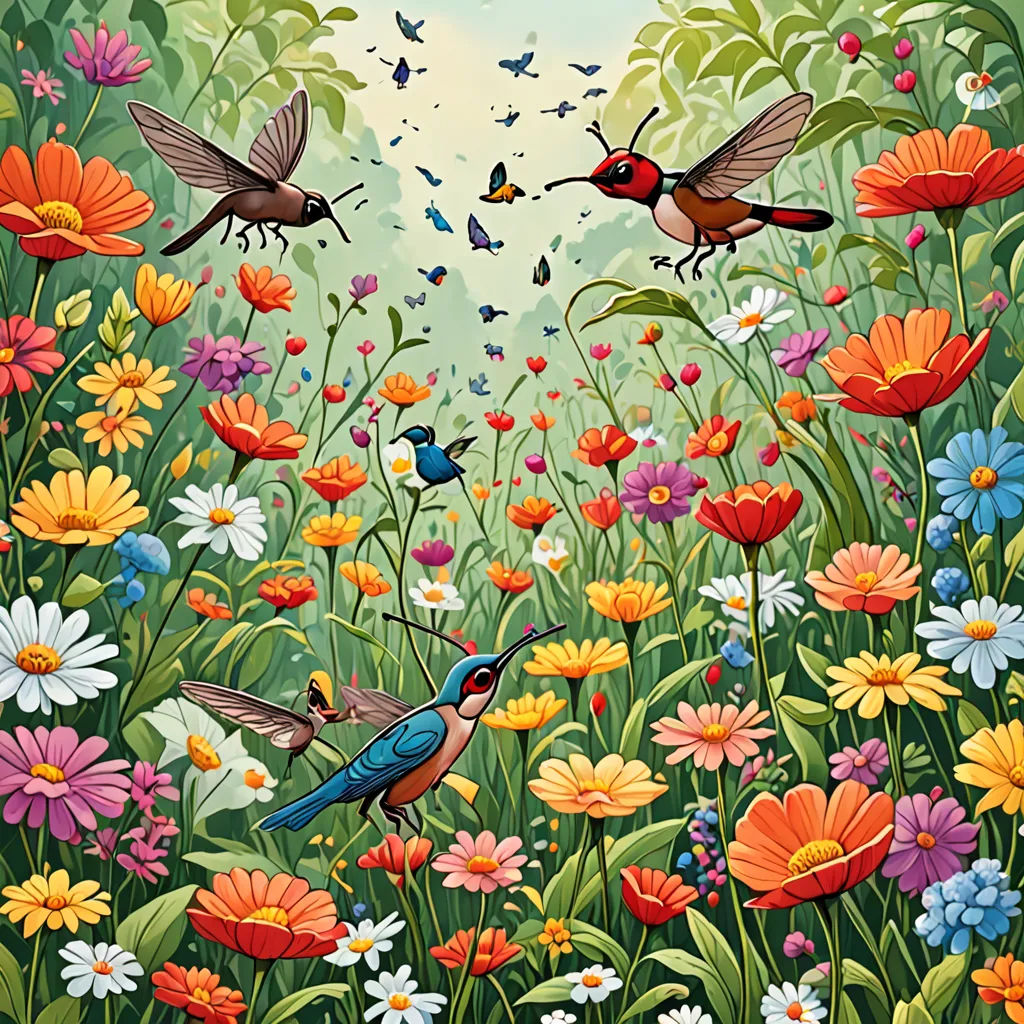 a painting of a field full of flowers and birds flying around it, with a sky background and a blue sky, folk art, a storybook illustration, Chris LaBrooy, highly detailed digital painting