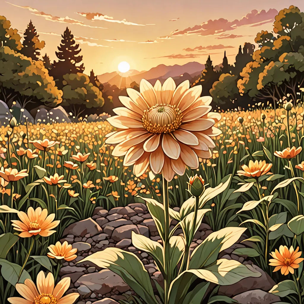 a painting of a sunflower in a field of flowers with a sunset in the background and a rocky area, magic realism, a fine art painting, Dan Mumford, rossdraws global illumination