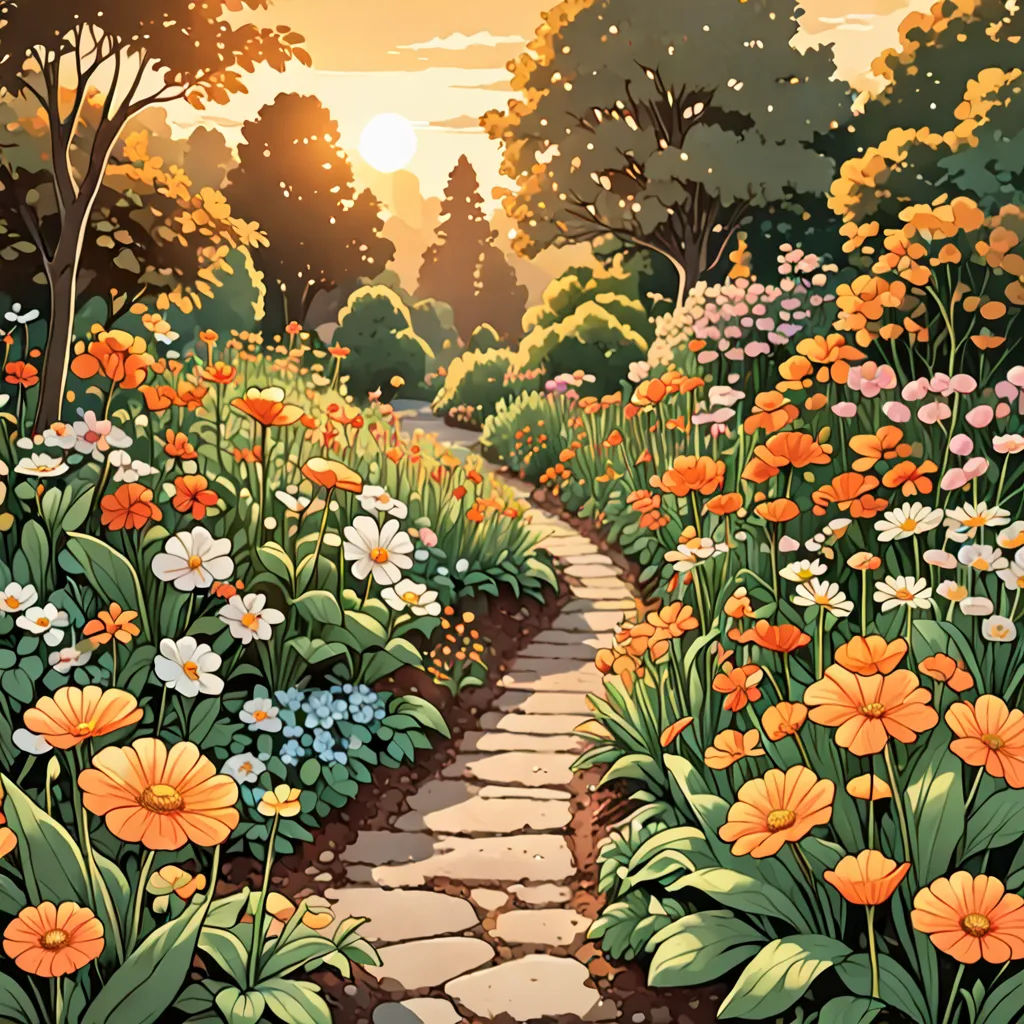 a painting of a pathway through a garden with flowers and trees in the background and a sunset in the distance, fantasy art, a comic book panel, Dan Mumford, official art