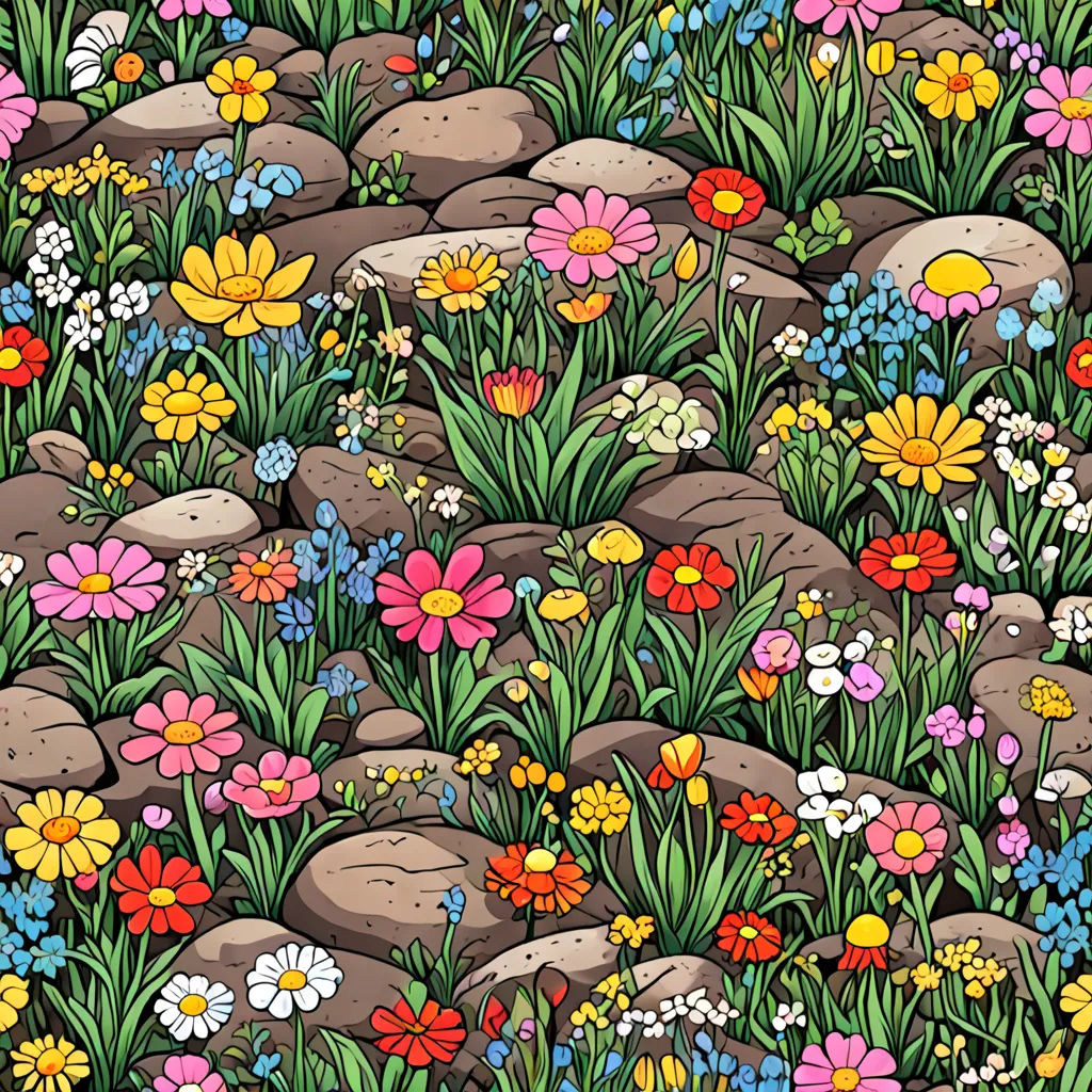 a field of flowers and rocks with grass and flowers on them, all in a pattern, with a yellow bird flying over them, folk art, a storybook illustration, Annabel Kidston, highly detailed digital art