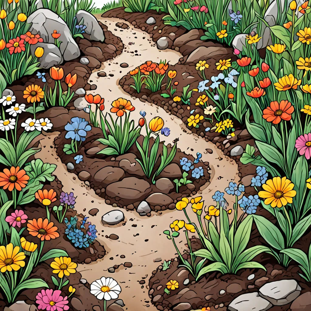 a garden with rocks and flowers on the ground and a path leading to the rocks and flowers on the ground, environmental art, a storybook illustration, Florianne Becker, highly detailed digital art