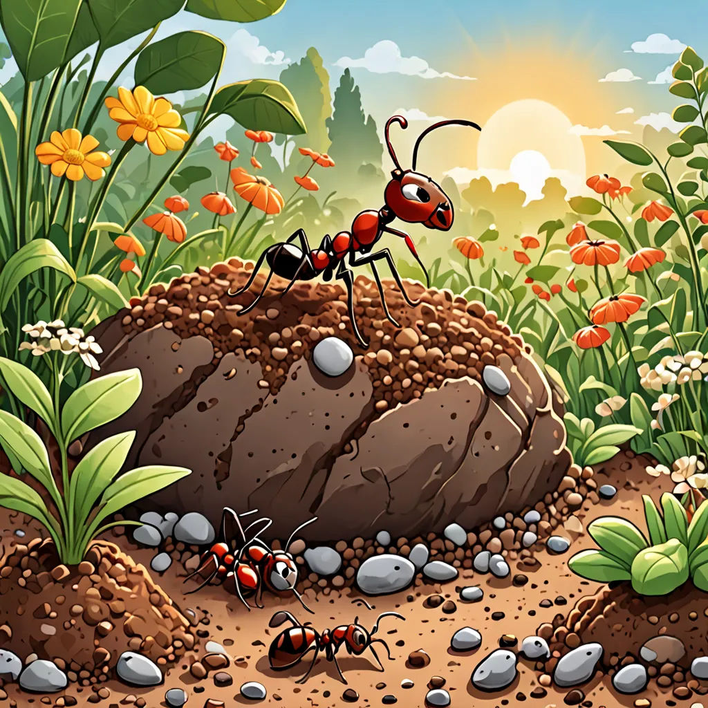 a group of ants standing on top of a dirt field next to a pile of rocks and flowers on a sunny day, environmental art, a storybook illustration, Andries Stock, detailed illustration
