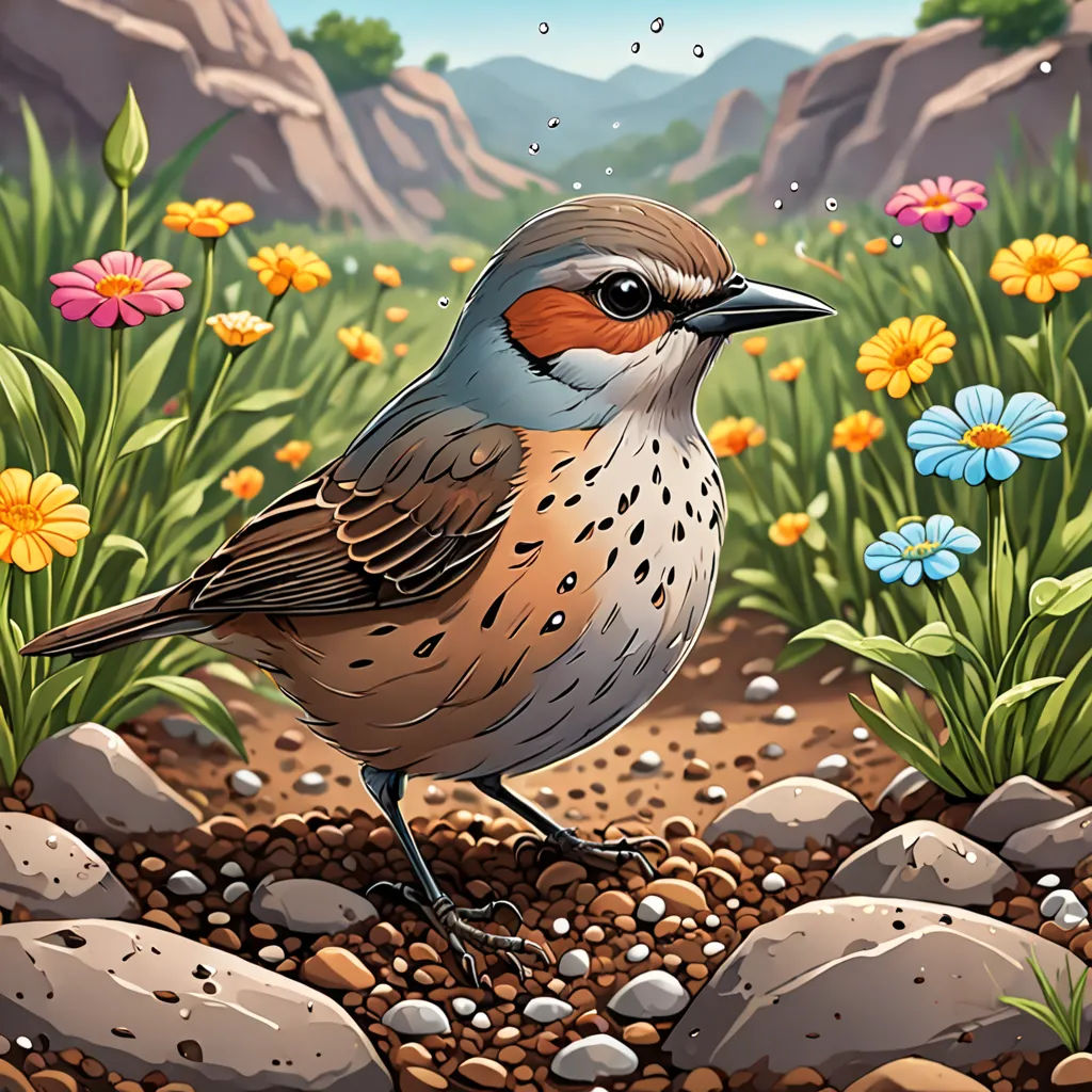a bird is standing on a rocky area with flowers and rocks in the background and a mountain range in the distance, environmental art, an illustration of, Chris LaBrooy, highly detailed digital painting
