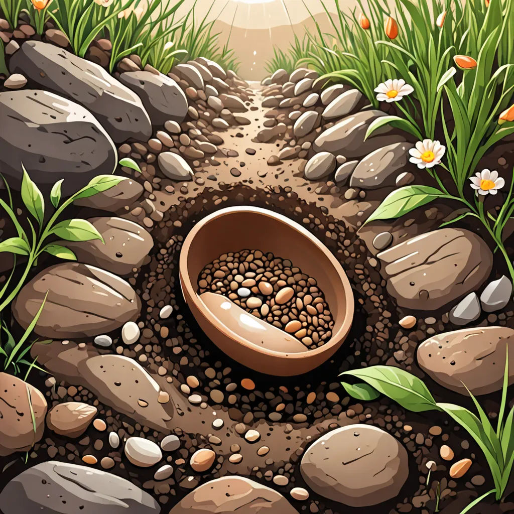 a bowl of food is in the middle of a hole in the ground with rocks and grass and flowers, environmental art, a storybook illustration, David Martin, highly detailed digital art