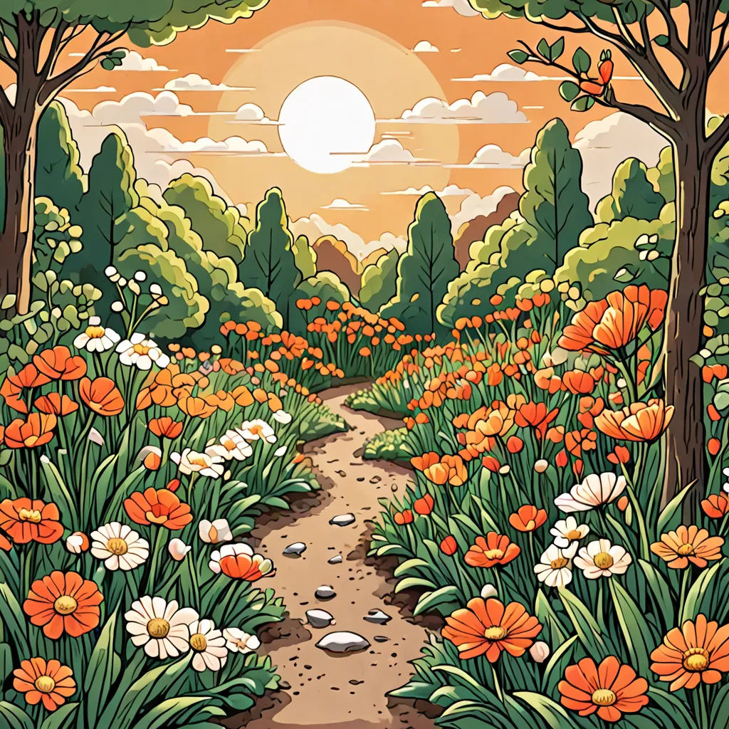 a painting of a path through a forest with flowers and trees on either side of it and a sun in the background, fantasy art, a storybook illustration, Dan Mumford, rossdraws global illumination