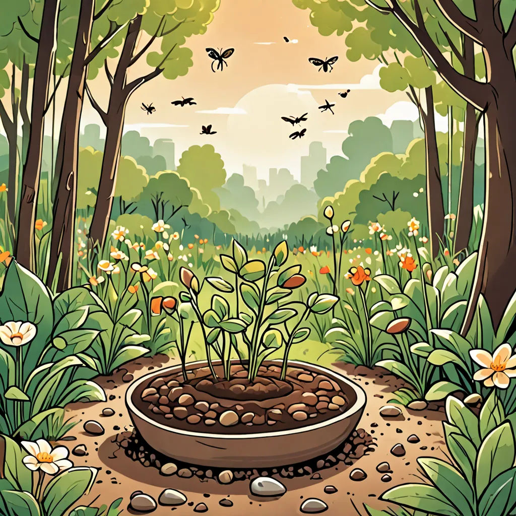 a painting of a garden with flowers and trees in the background and a bird flying overhead in the sky, environmental art, a storybook illustration, Dan Mumford, book cover